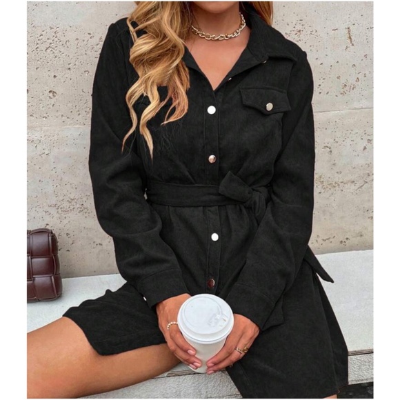 Corduroy dark Green Button Down Belted Long Sleeve Shirt Dress - Picture 12 of 14